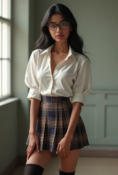 18 year old dark skinned Indian girl, beautiful,  wearing a short tight plaid mini skirt, white blouse, white thigh high socks, brown brogues, wearing glasses, schoolgirl