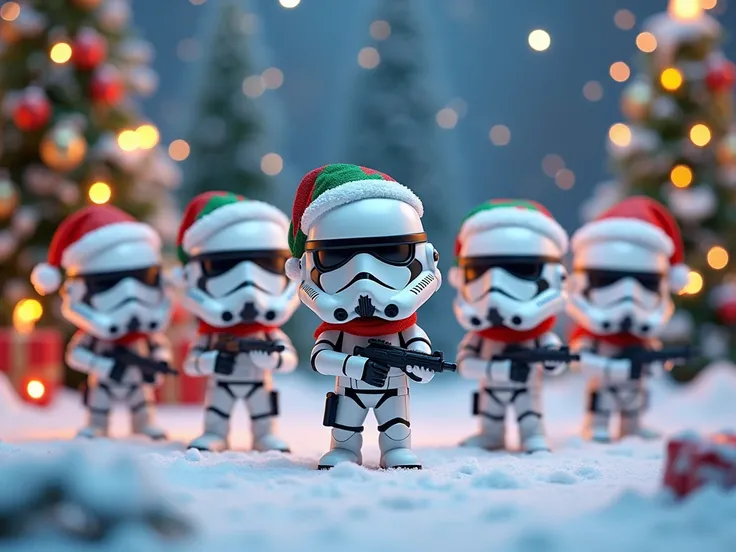 Funko, Star Wars Christmas background, Tropper soldiers trained with Christmas hats.