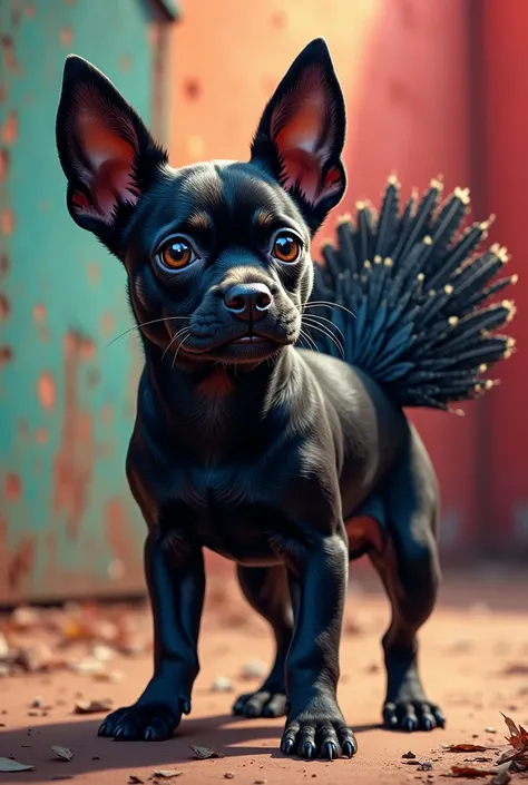  Realistic and colorful realistic comic art style image of a small black dog with smooth skin, Ocicón and with big ears in an act of metamorphosis becoming a guajolote 