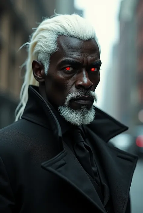 A kind albino vampire with dark african skin, red eyes and creamy white hair with a trimmed mustache and beard wearing a new york street black and white outfit