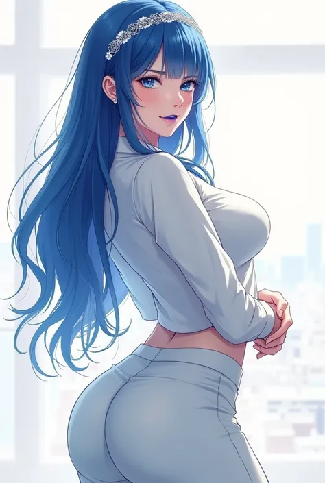 1girl, Mature Female, Anime, Blue Hair, Smile, Big Ass, From Behind, Blue Lipstick, White Shirt, White Pants, Korean Headband