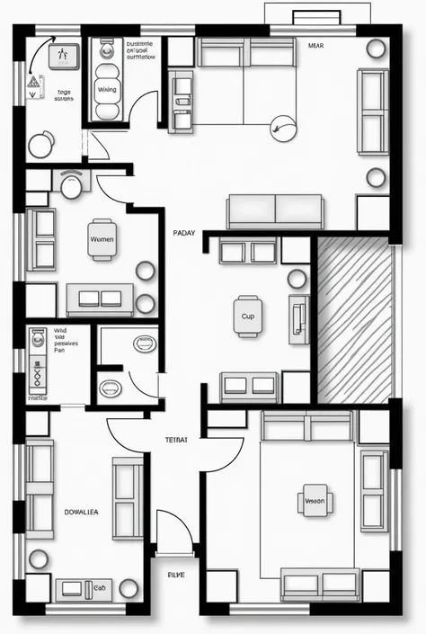  Generate a floor plan of a corporate project containing :
 a reception for 10 people
1 meeting room for 10 people
4 workrooms having 4x3 . 50
1 toilet at the reception 
A cup
A womens toilet in the cup
A mens toilet in the cup
1 garage containing 3 . 5x7
...