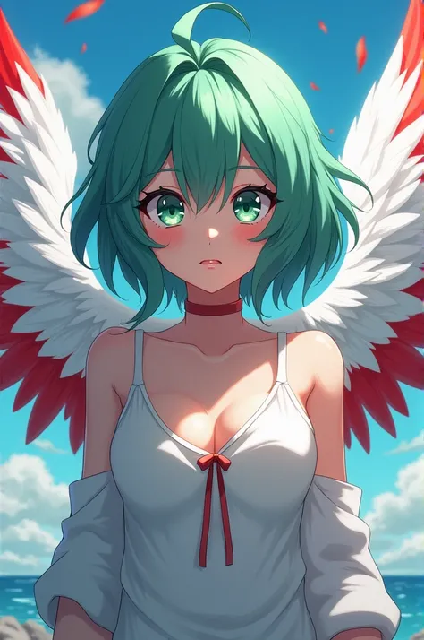 Anime  girl with greenish blue hair, green eyes. White feathered bird wings with red tips My Hero Academia style 