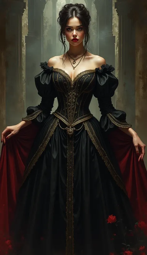 A Beautiful Aristacrat Woman With Large Elegant, Hawk-Like-Nose,. Who Embodies Old Fashioned Class, the goth of the queen, arrogant Beauty. Curvy, Thin-Waist, Wide-Hips, Swaying-Hips. Oppulent Historically Accurate Victorian Dress for dracula lady. Greg Ru...