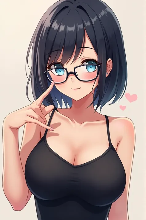 girl, dark champagne hair, chin length, blue eyes, square glasses, tight black tank top, large bust + pose: finger heart + art style: anime