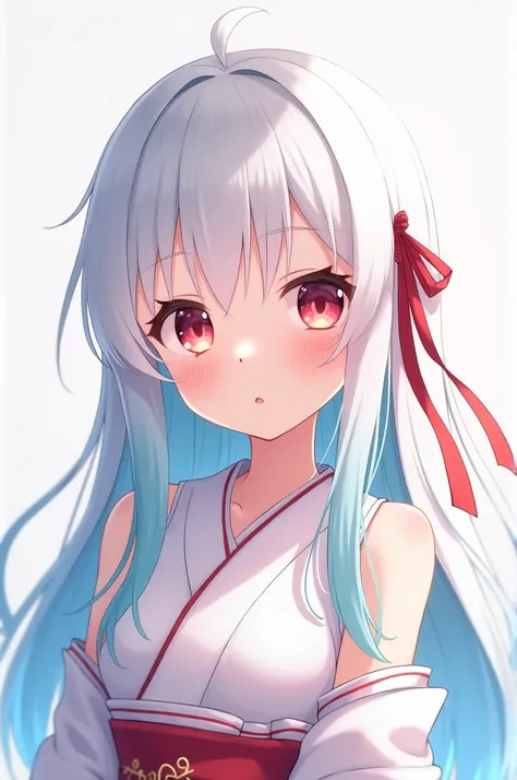 A blushing anime girl with long open white hair that fades into cyan at the tips and on the underside. The hair is decorated on one side with a red ribbon and the girl is wearing a white yukate with red accents. Her eye color is red