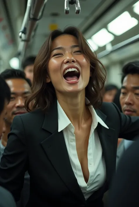 35 year old beautiful brown-haired woman, Commuter trains in Japan,Crowded car interior, Business suit over a white shirt with a wide chest , (( head back break screaming orgasm)) ,  sharp focus with eyes closed  , ( 8K Ultra HD :0.8),  ultra detailed ,  R...