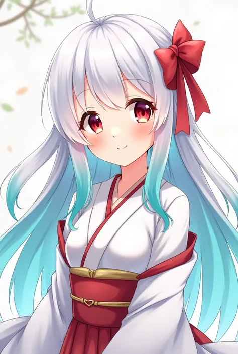 A smiling, blushing anime girl with long open white hair that fades into cyan at the tips and on the underside. The hair is decorated on one side with a red ribbon and the girl is wearing a white yukate with red accents. Her eye color is red