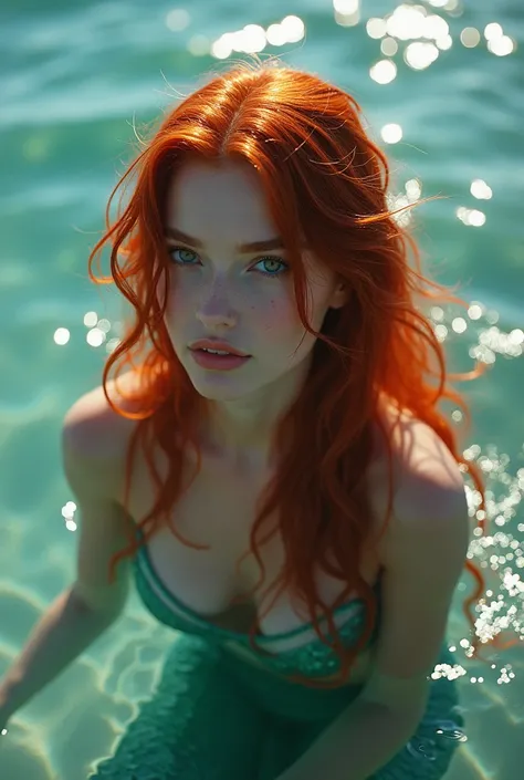 Super pretty and sexy mermaid ,  naked redhead peeking out of the sea 