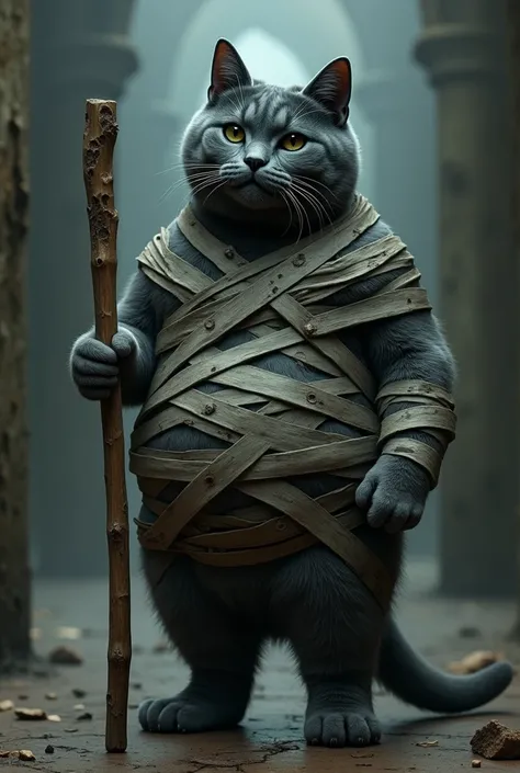 Fat Dark gray british shorthair humanoid female cat wrapped with bandage like mummy walking with two legs, wooden wand in hand 