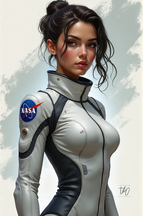  Create several sketches of a young character , beautiful and intelligent who works at NASA ,  your life mission is to rebuild life on Earth after an alien attack.