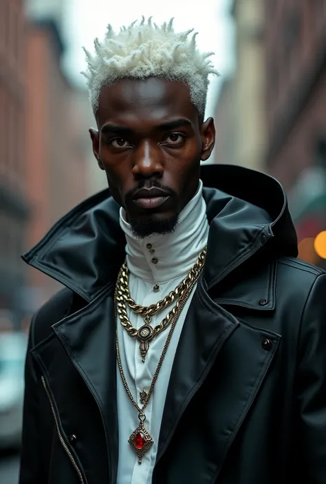 A kind albino vampire with dark african skin, red eyes, and creamy white hair with a trimmed mustache and beard wearing a black and white new york street ware, no wrinkles and radiant