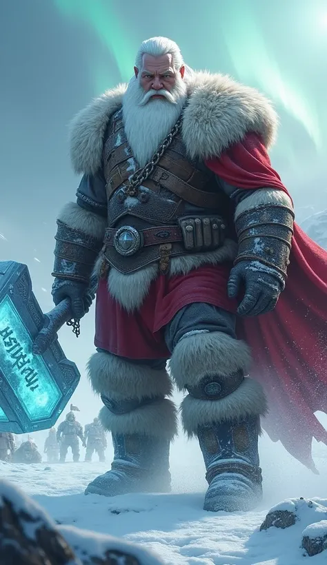 Arctic Warrior Santa
A giant with sculpted muscles, his white beard braided and armor made of bear pelts and leather. He wields a massive ice hammer engraved with glowing runes, while his tattered red cape flutters in the icy wind. His determined eyes refl...