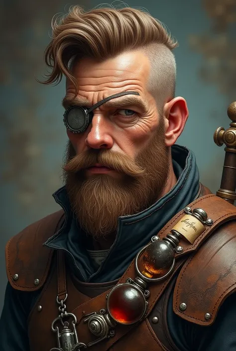 Realistic, human, historic, fantasy, monster hunter, armour(leather), bandolier(potions,scrolls), brown full beard(medium, neat), mustache(short), left eye(eye patch, metal), full hair(light brown, short, quiff), close up, charming, compassionate, pleasant...