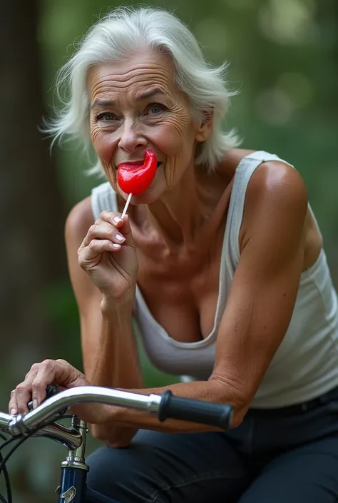 ultra realistic photograph,highly detail-oriented, super sharp ,  image quality 4k , Without errors or flaws of an average-bodied woman with real expression marks and a body consistent with her 70 years of age naked and licking a lollipop shaped like a red...