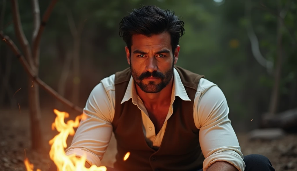 Black Messy Quiff hair imperial mustache man have blue eyes, no beard, wear white shirt with brown vest sit in font of campfire 