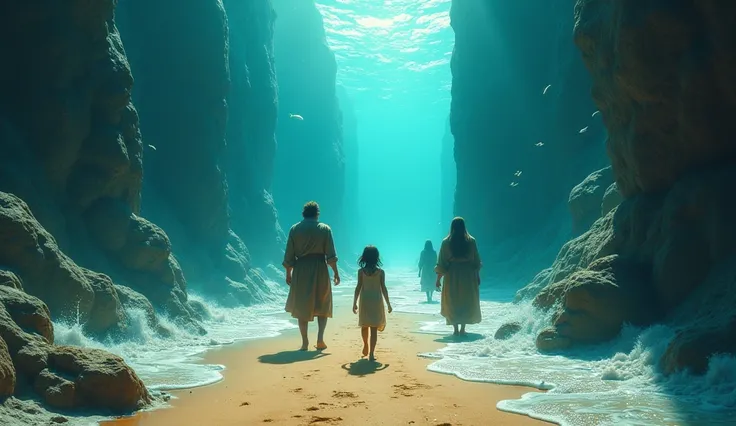 A  curiously touching one of the walls of water from the red sea that was divided in half with the sand in the middle dried without water with the people of Israel passing by with visible fish swimming inside it,  while her parents pull her to continue wal...