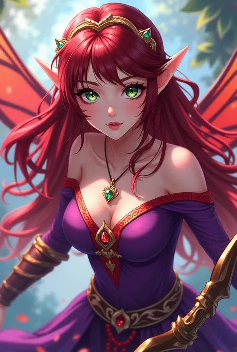  anime-style design , of a very beautiful woman ,  with elven features , pero what is un hada,  with wine-red hair , with heterochromic eyes of emerald red and the other eye of emerald green , dressed as a fairy ,  with bright purple and fiery red clothing...