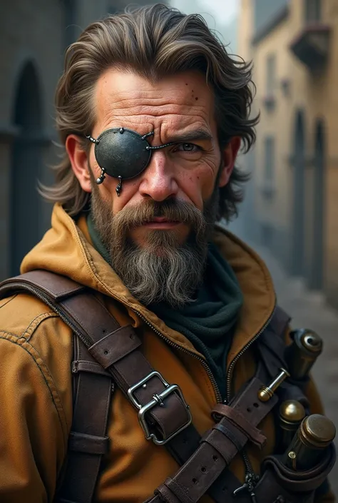 Realistic, human, historic, fantasy, monster hunter, armour(leather), bandolier(potions,scrolls), brown full beard(medium, neat), mustache(short), left eye(eye patch, metal), full hair(light brown, medium, neat), close up, charming, compassionate, pleasant...