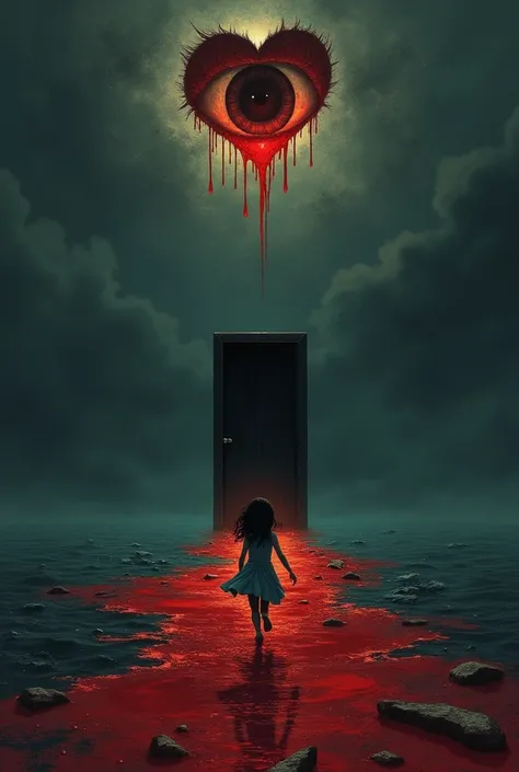 At night Broken heart in a thousand pieces sunk in the sea dripping blood, Then brown eye illuminating the scene in the sky a and dripping tears of water crying filling the sea so that the heart sinks deeper the sea with blood in this image put a girl alon...