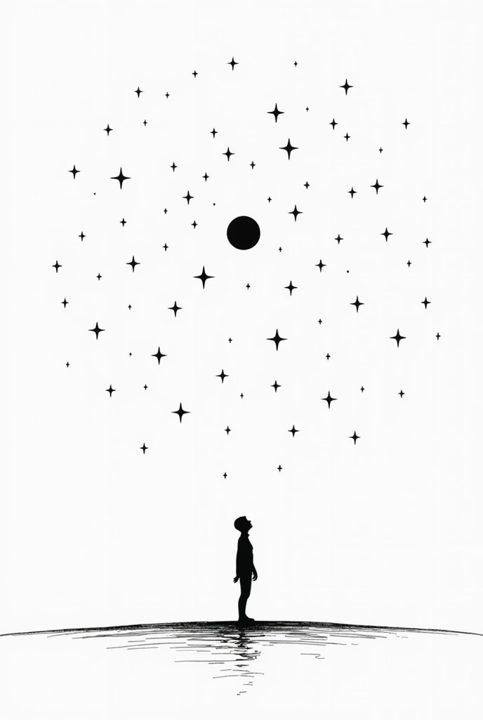 Minimalistic black and white illustration representing the theme Beyond the Stars: Mysteries of the Cosmos That Defy Imagination. The image features a simplified outline of a starry night sky with a single large star or planet in the center. Below, a small...