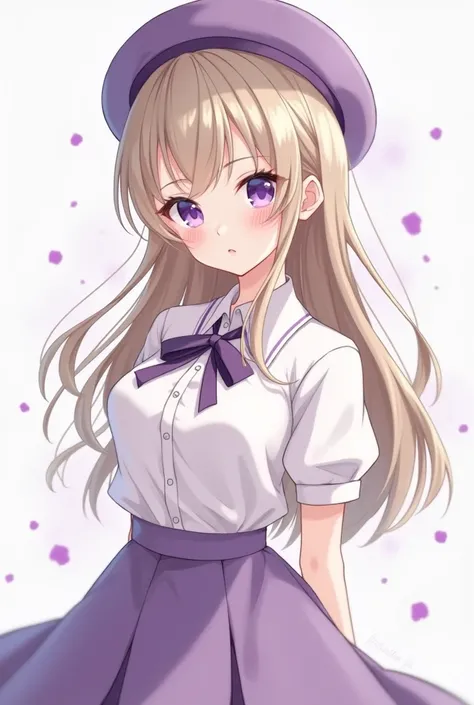  Draw an anime girl ,  who has a white blouse , purple skirt,  purple ribbon around her neck, large purple beret .  to have purple eyes ,  Her hair is long,  Light brown color .