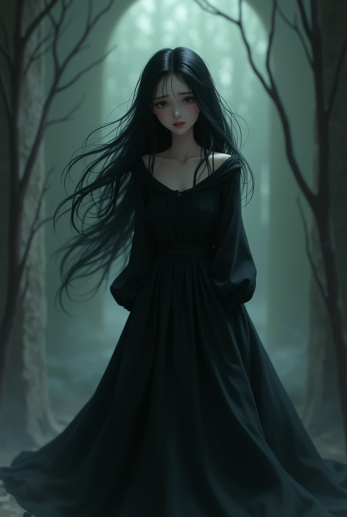 Make an image of a girl in black , in mourning,  inside she suffers but is happy outside
Let it be animated