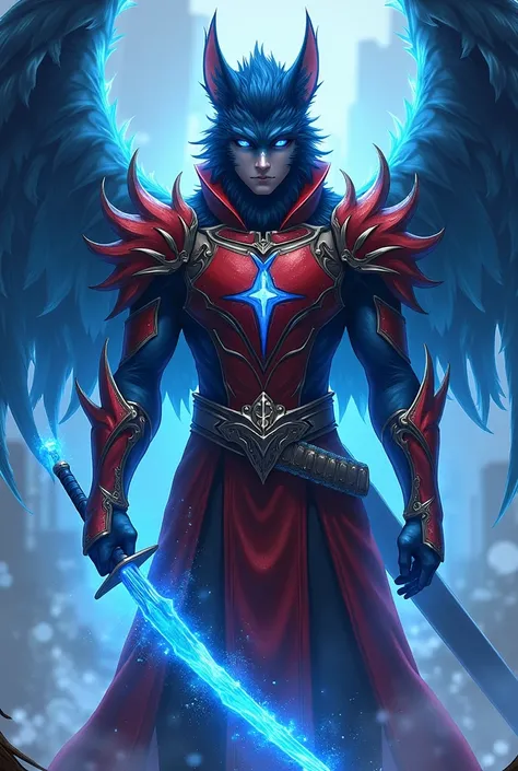 (Young man with eyes as blue as the sea) (bluish black fur) ( that from his hands rays of power come out)  (He has scarlet armor) ( and a blue katana) (with shining wings) ( and a blue aura)
