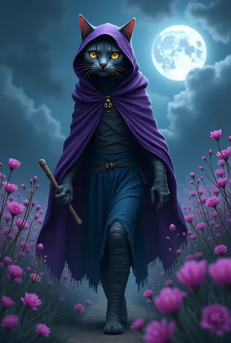 Adult Dark gray british shorthair humanoid female cat wrapped with bandage like mummy and wearing purple gypsy hoodie long cloak and dark blue long dress inside walking with two legs, wooden wand in hand on flower field at night