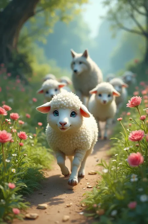 Scene 4: The Journey Begins
Prompt: "A group of sheep eagerly following the wolf down a lush path. The cute sheep cub with its fluffy white mane and blue eyes is in the front, looking hopeful as it trots along in the vibrant landscape."