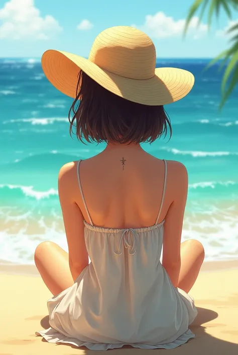 A girl with back sitting in beach in front of her blue waves  girl wearing sunhat and girl has a cross birthmark on the back shoulder
