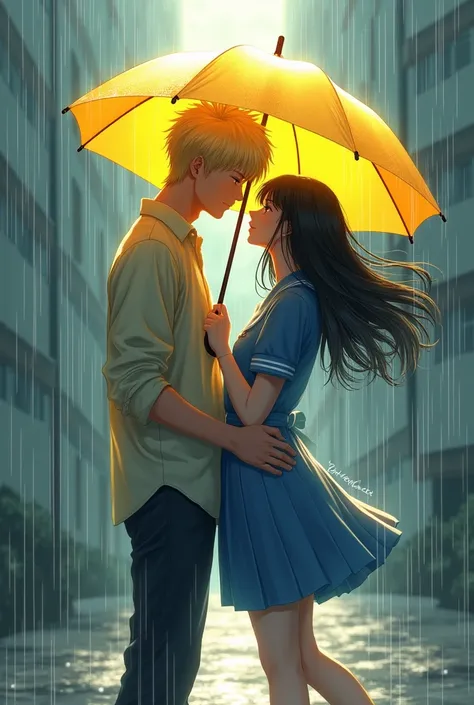  A woman with black hair,  holding a yellow umbrella, for a blond man ,  while raindrops fall  ,  giving contrast to the rays of the sun ,  being the tallest man  ,  the girl wears a blue school outfit, And he wears a simple outfit 