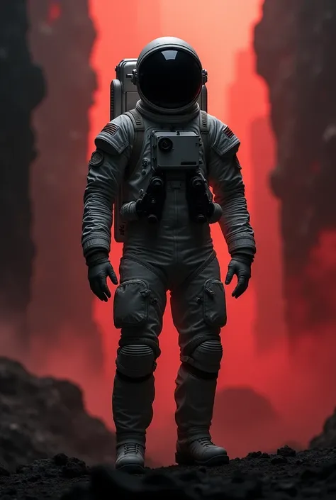 Cinematic image of an astronaut, monochrome image in black and white, ultra realistic image, lots of details and reddish light creating a cinema atmosphere 