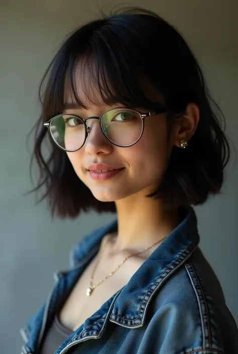 20 year old Italian Spanish girl slightly hunched Short straight overwaight black hair beautiful smile and sharp canines small mouth Tall and flared jeans of ele Thin gold and round glasses  