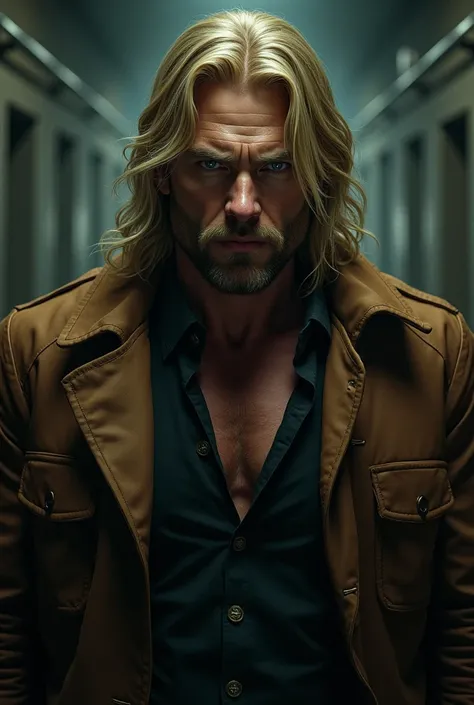  Make the bust a strong muscular man , long haired blonde, Make him a raised eyebrow , chocolate.  Dressed in a brown leather overcoat ,  black dress shirt with buttons .  The setting is a prison in a cramped, dimly lit corridor