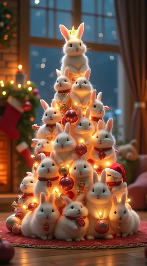 "A playful Christmas-themed composition showing a tree-shaped arrangement of baby white rabbits with diverse fur patterns and colors, styled as a Christmas tree. The baby white rabbits are decorated with festive ornaments and glowing fairy lights. At the t...