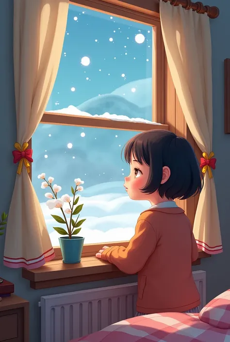 Short-haired girl waiting for winter in front of a window in her own house. Cartoon
