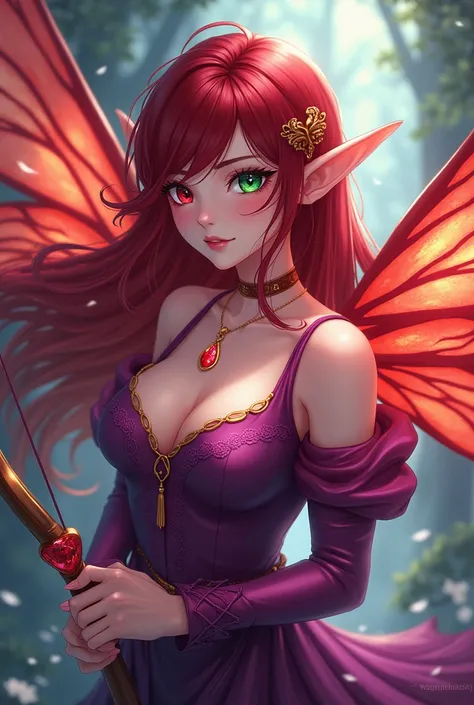  anime-style design , of a very beautiful woman ,  with elven features , pero what is un hada,  with wine-red hair , with heterochromia eyes of emerald red colors in one and the other emerald green eye , dressed as a fairy ,  with bright purple and fiery r...