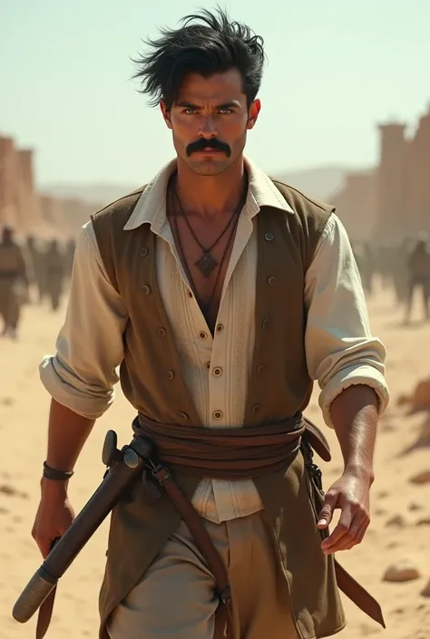 Black Messy Quiff hair imperial mustache caucasian man have blue eyes, no beard, wear white shirt with brown vest walk in desert after medieval war

