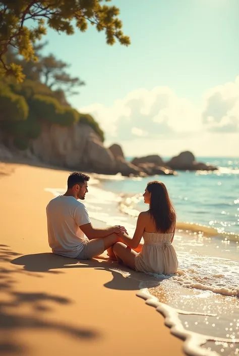 Theres a sea with gentle waves on the right, and theres sand on the left. Its an image of sitting in the sand and frolicking in the ocean. There are two people sitting, a , and I wish people were a little closer.