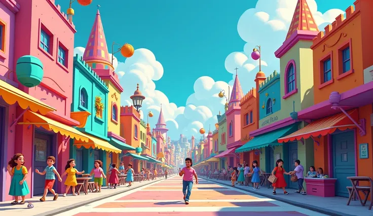  A vibrant kingdom in graphic animation style,  with busy streets and people interacting , cheerful and contemporary music in the background .
