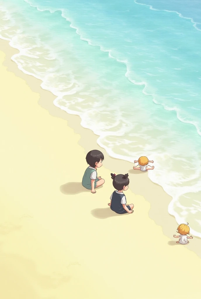 There is an ocean with gentle waves on the right, and there is sand on the left. Its an image of two people sitting in the sand and frolicking in the ocean. There are two people sitting, theyre ren, and I wish they were a little one, so draw them as ren, a...