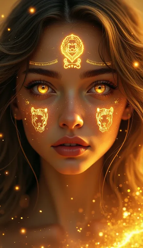 Portrait of a mystical young woman embodying Leo energy, with intricate glowing patterns resembling a lion and Leos astrological symbol on her cheeks. Her eyes radiate a fiery aura, and the background showcases a golden celestial scene."
