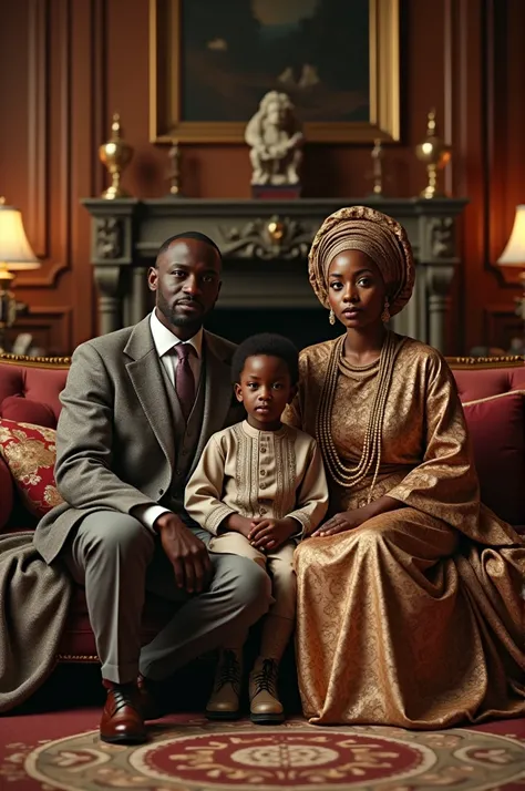 Generate an image of a dark black man and woman in elegant traditional clothing with a dark black boy sitting by them in a luxury living room 