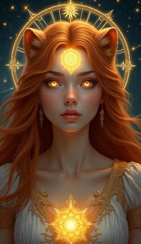 Portrait of a mystical Leo woman with a glowing lion motif on her forehead. Her intense golden eyes shine with warmth and power, and her hair flows with fiery brilliance, surrounded by celestial constellations."
