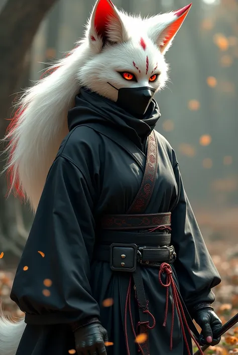 Masterpiece realistic, best high quality, perfect details, intricate details, nice lighting, detailed background, Ninja, black outfit, female white fox with red markings, kemono, face mask, ninja action pose, magic fantasy,