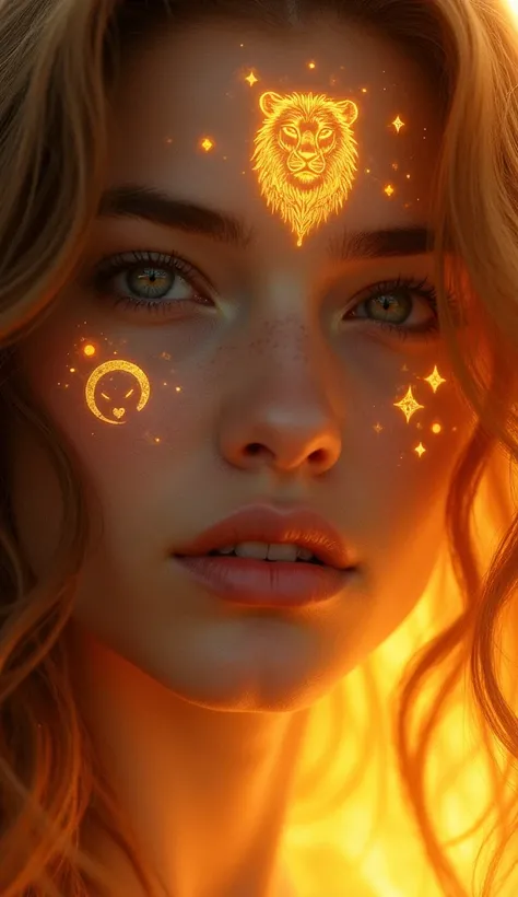 Mystical close-up of a young woman with the Leo symbol glowing subtly on her cheeks and forehead. Her eyes reflect fiery confidence, and her hair flows like a lions mane, surrounded by warm golden light.