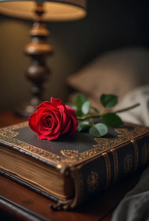 Bedside book with a red rose on the side 