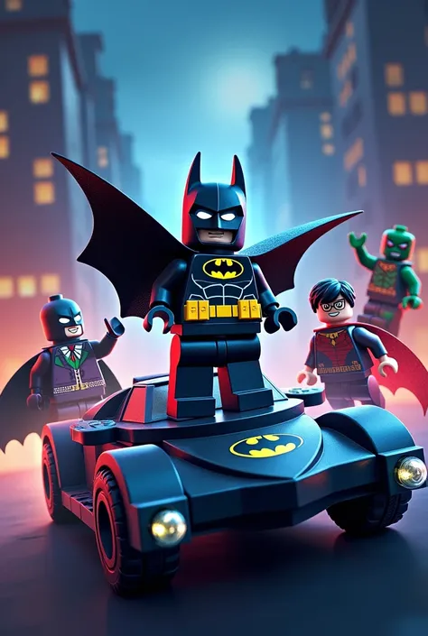 Create the cover for a game called, "Lego Batman 4 Returns to Gotham" With Robin on top of the Batmobile, Batman doing the landing pose, and several villains in front of them, such as the Joker, the killer croc, the scarecrow, the riddler, and Mr. Freeze.I...