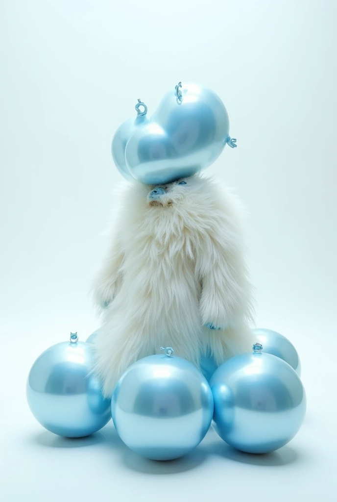 Several light blue metallic bladders,  fur coat with white background,  high resolution 